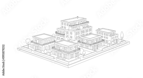 Modern Isometric Residential Housing Complex Line Art - Minimalist Architectural Illustration of Urban Neighborhood, Apartment Buildings, and Real Estate Development Sketch