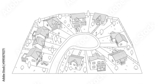 Suburban Neighborhood Cul-de-sac Line Art Illustration. Residential Housing Development Outline for Coloring Book Page and Real Estate Concept.