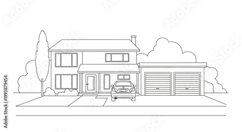 Modern Two-Story Suburban House Line Art Illustration with Double Garage and Car in Driveway, Minimalist Home Exterior Architecture for Coloring Page or Design