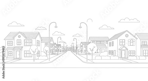 Suburban Neighborhood Street with Houses Line Art Illustration for Coloring Page