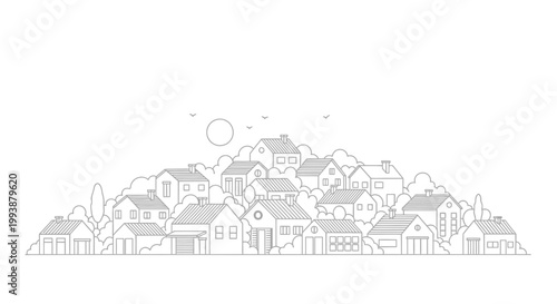 Minimalist Line Art Illustration of a Peaceful Suburban Neighborhood Village with Houses and Trees