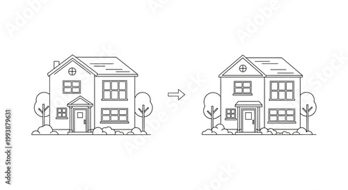 Home Renovation and Real Estate Comparison Concept Line Art Illustration with Before and After Arrow