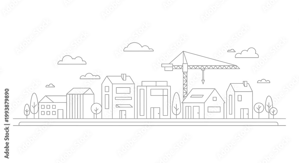 Obraz premium Minimalist Cityscape Line Art Illustration with Construction Crane and Houses for Urban Development and Real Estate Concepts