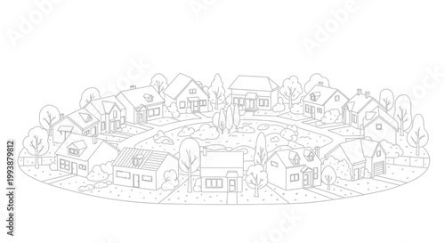Suburban Cul-de-sac Neighborhood Line Art Illustration for Coloring Book