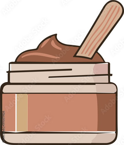 Charming illustrated jar of rich brown beauty cream, ideal for a luxurious spa treatment or self-care routine, featuring a delicate wooden applicator