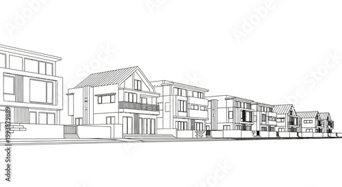 Architectural Line Drawing of a Modern Residential Street with Multiple Houses and Townhouses - 3D Wireframe Perspective for Real Estate and Urban Planning