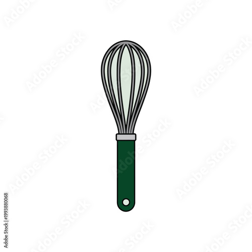 Whisk with a dark green handle is presented on a clean white background for culinary usage.