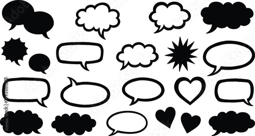 Set of speech bubble icons with mixed silhouettes and outline shapes including hearts clouds and comic bursts