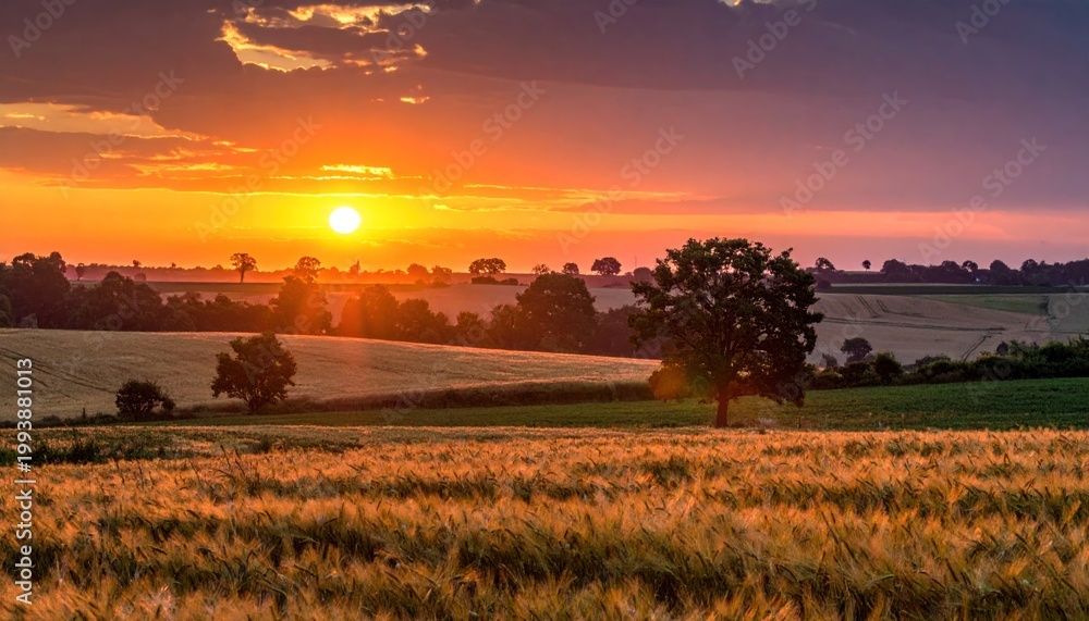 Naklejka premium Golden sunrise over rural landscape fields.