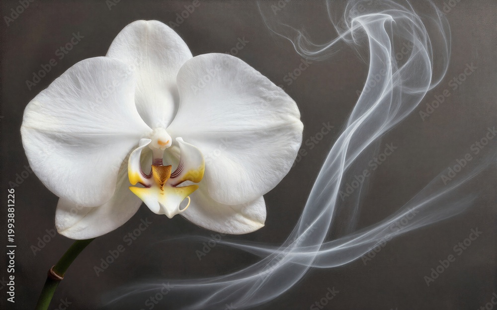 Fototapeta premium White orchid blooms softly beside swirling smoke against a dark