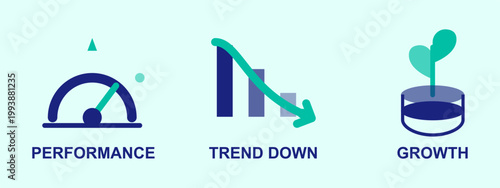 Business performance decline and growth illustration with graphic elements
