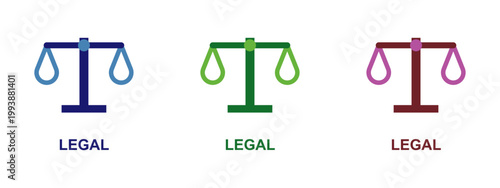 Three scales of justice icons in blue green and red tones