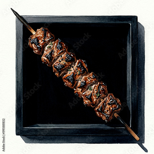 Artistic watercolor illustration of shashlik on black square plate, top view, minimalist composition for restaurant menu, delivery branding, poster and recipe design.