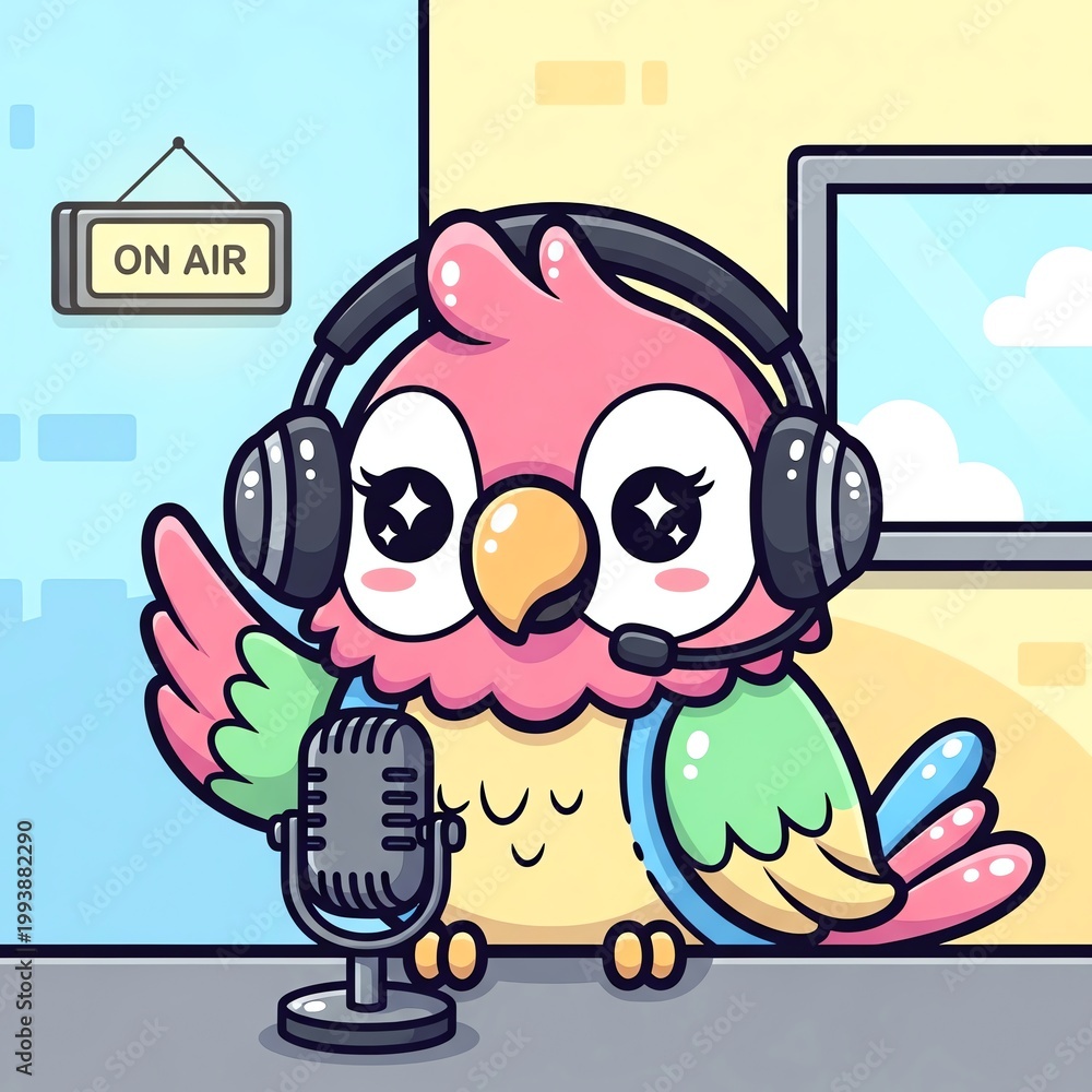 Naklejka premium Cute Parrot Podcaster with Headphones and Microphone.
