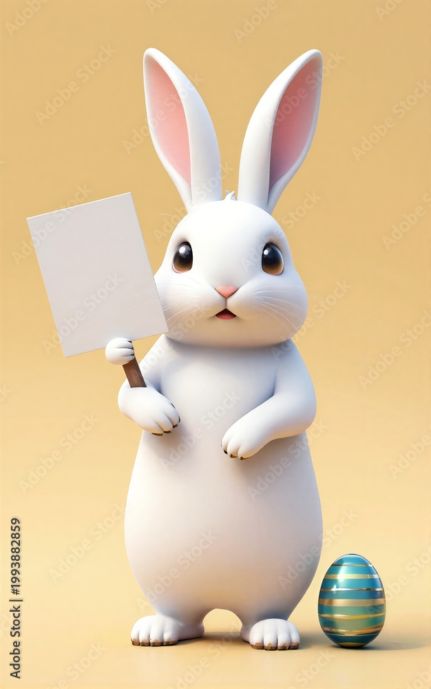Fototapeta premium White bunny holds blank sign stands beside colorful Easter egg on