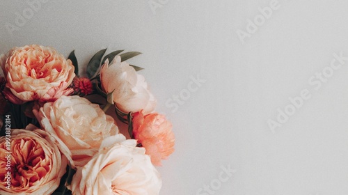 Generative AI, Peach Peony Rose Bouquet with Copy Space on White Background