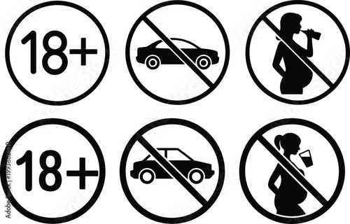 Collection of circular prohibition signs featuring eighteen plus age limit and restricted activities like driving and drinking for public safety and compliance