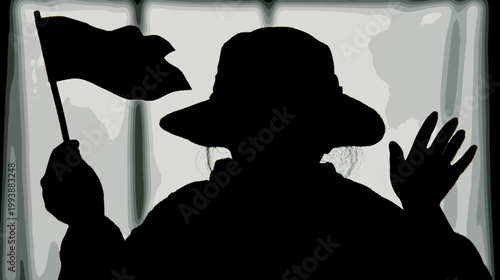 Silhouette of a person holding a flag and waving with copy space