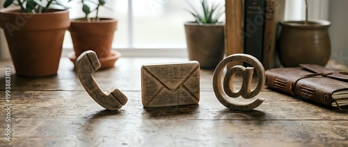 Wooden contact icons phone envelope email symbol on rustic table with plants and newspaper creating vintage communication concept for business office decor.