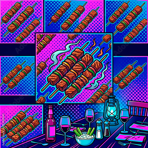 Neon pop art grilled kebab skewers illustration. Retro comic style art for restaurant menu, bar design, poster, print and decoration