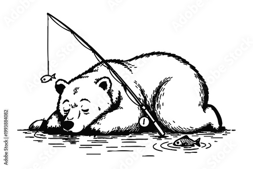 Whimsical cartoon bear fishing by riverbank, resting peacefully with rod, humorous animal art coloring page for kids and nature lovers