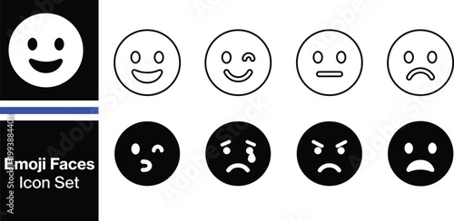 Emoticons icons set. Emoji faces collection. Emojis flat style.