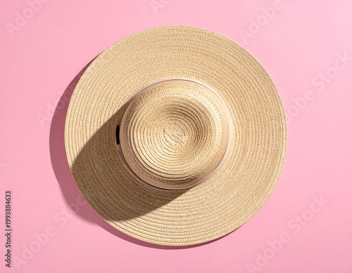 Straw hat rests on soft pink background