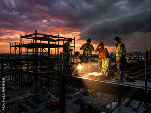 Building site workers in safety vests examining plans under portable light, structural steel team, high rise framework crew. Urban visible, dramatic dusk lighting.