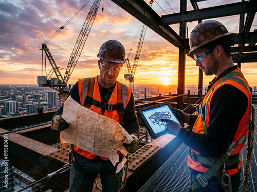 Structural engineers or site foremen referencing paper blueprints with tablet BIM models, wearing hardhats and safety vests on steel framework during hour.