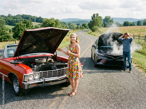 Female mechanic with vintage automobile, retro muscle car, roadside breakdown scene, smiling woman repairing engine, classic, old school vehicle. Man distressed by overheating modern sedan.