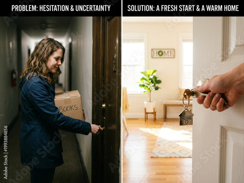 Female tenant hesitating at rental door holding moving box, contrasted with welcoming home entrance. Relocation anxiety vs comfort, housing transition, apartment move in moment.