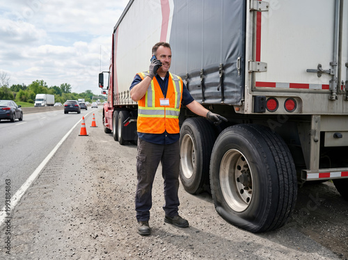 trucker in high visibility vest troubleshooting tire failure, roadside assistance call, highway breakdown, logistics emergency response.