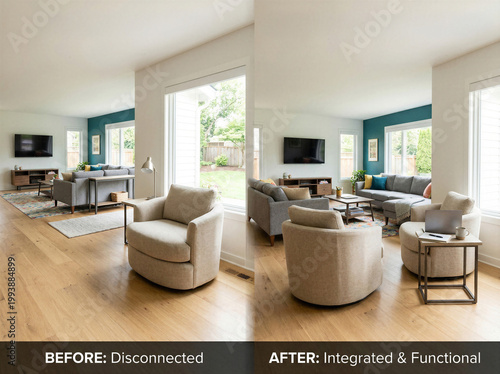 Living space transformed from disjointed to cohesive layout with modular seating, accent wall, and natural light optimization. Also called interior redesign.