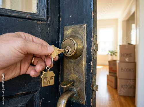 Human hand turning brass key in antique doorknob lock, residential entrance, front door hardware, home access point, vintage entry mechanism.