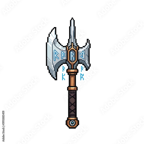 A detailed pixel art illustration of a magical battle axe featuring glowing blue runes on its silver blade and a bronze-accented handle.