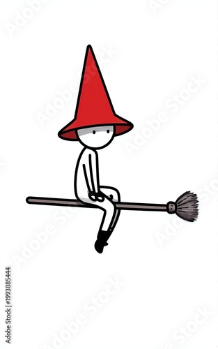 Little witch rides broomstick red hat simple stick figure style