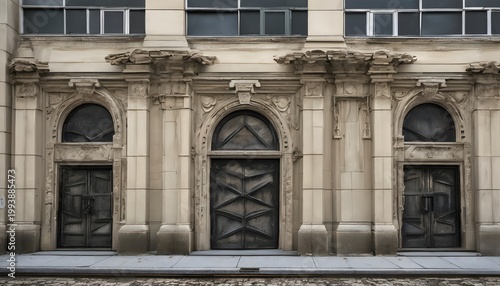 Classical Architectural Facade with Arched Entrances and Windows