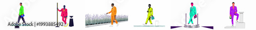 Set of illustrations featuring fashionable men in vibrant, colorful suits, showcasing modern urban style and diverse sophisticated looks in a minimalist graphic art style.