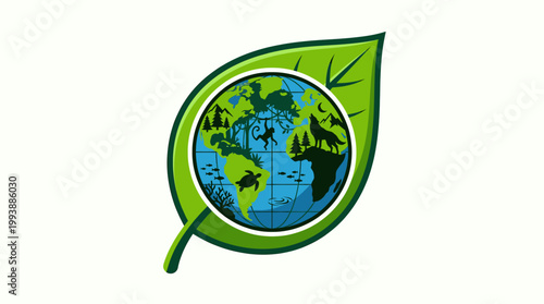 Environment Friendly Global Ecosystem Concept with Diverse Wildlife and Nature Scenes Inside a Green Leaf Symbol