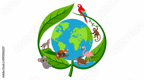 Diverse Wildlife Around Planet Earth with Lush Green Leaves