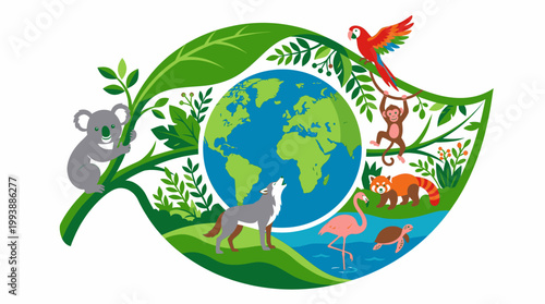 Wildlife Diversity Thriving on Earth Symbolizing Global Nature Conservation and Environmental Protection
