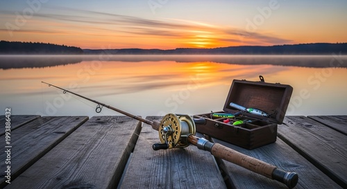 A vintage fishing rod and wooden tackle box sit on a rustic pier beside a calm lake at sunrise, reflecting a peaceful outdoor adventure, nature, activity, box