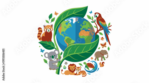 Planet Earth Surrounded by Diverse Animals and Lush Green Leaves Symbolizing Ecology
