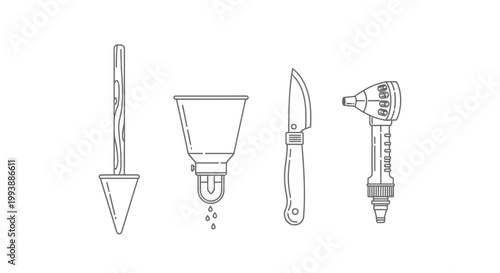 Eclectic mix of tools including a small shovel, funnel, knife, and medical otoscope, for various household and professional applications on isolated white background.