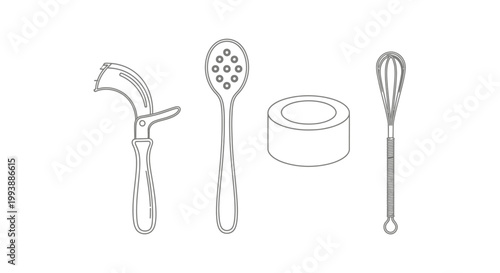 Assortment of tools including a sickle, slotted spoon, adhesive tape, and whisk, representing diverse household and garden tasks on isolated white background.