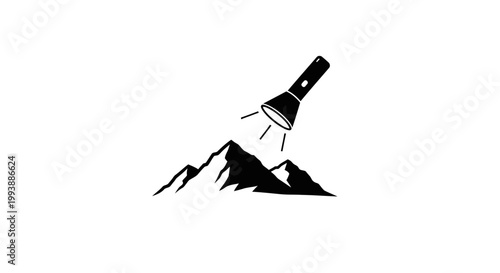 Flashlight illuminating a mountain range, symbolizing wilderness exploration and night adventure, on isolated white background.