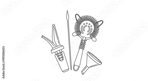Professional cocktail bar tools set, including jigger, muddler, strainer, and pourer, for mixology on isolated white background.