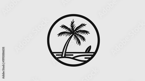 Palm tree and surfboard icon in circle isolated on white background