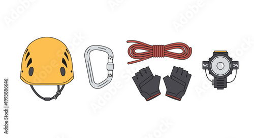 Essential rock climbing and outdoor adventure gear, including helmet, carabiners, rope, and gloves, on isolated white background.