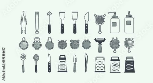 Extensive collection of diverse kitchen utensils and cooking tools neatly arranged on a bright studio background.